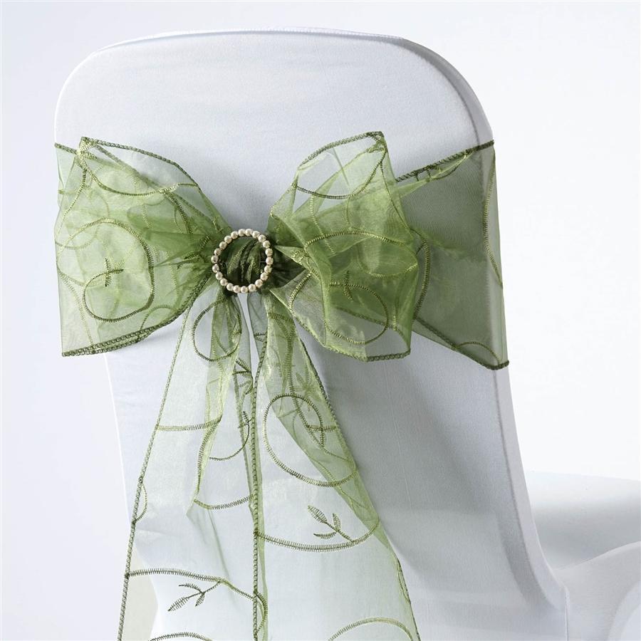 5 pcs Willow Green Embroidered Organza Chair Sashes