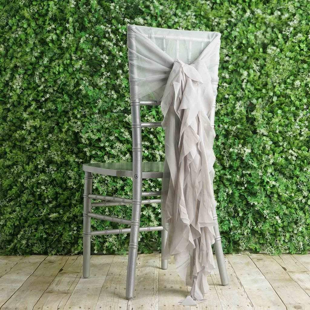 Silver Premium Curly Chiffon Chair Cover Cap with Sashes