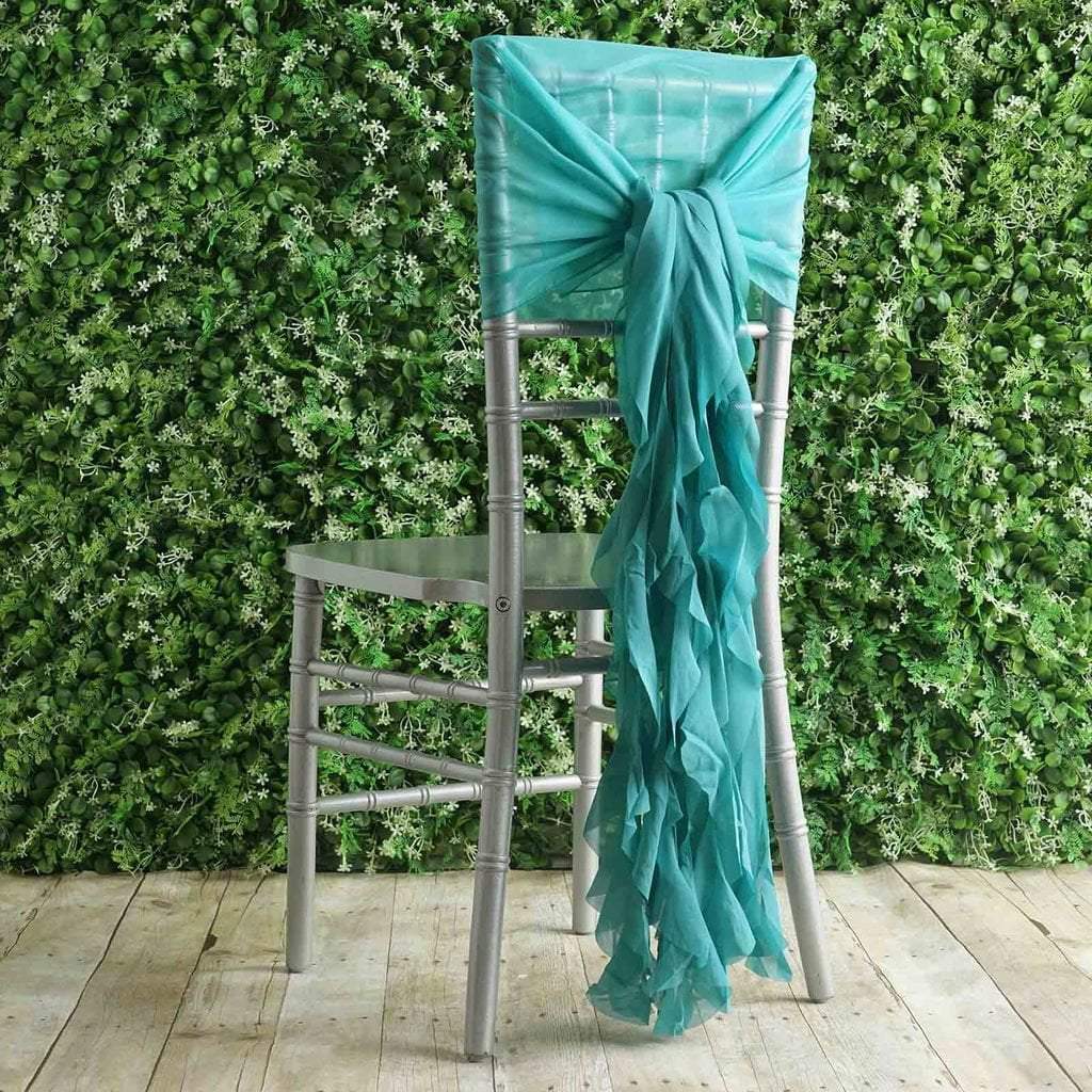 Turquoise Premium Curly Chiffon Chair Cover Cap with Sashes