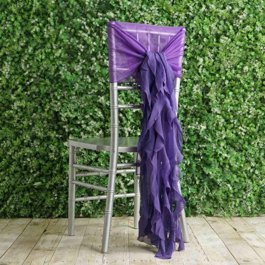 Purple Premium Curly Chiffon Chair Cover Cap with Sashes