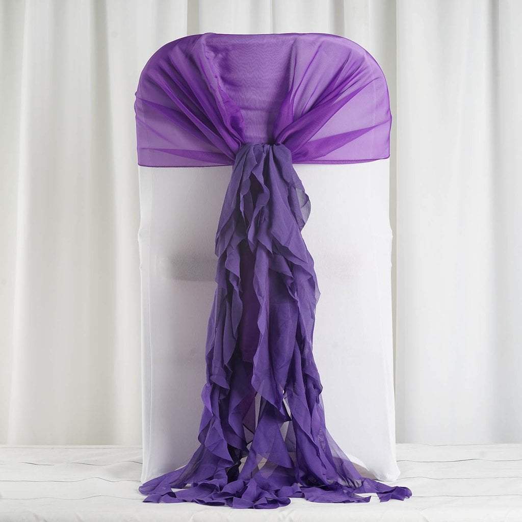 Purple Premium Curly Chiffon Chair Cover Cap with Sashes