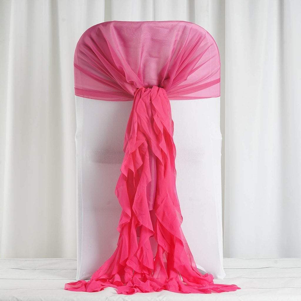 Fuchsia Premium Curly Chiffon Chair Cover Cap with Sashes