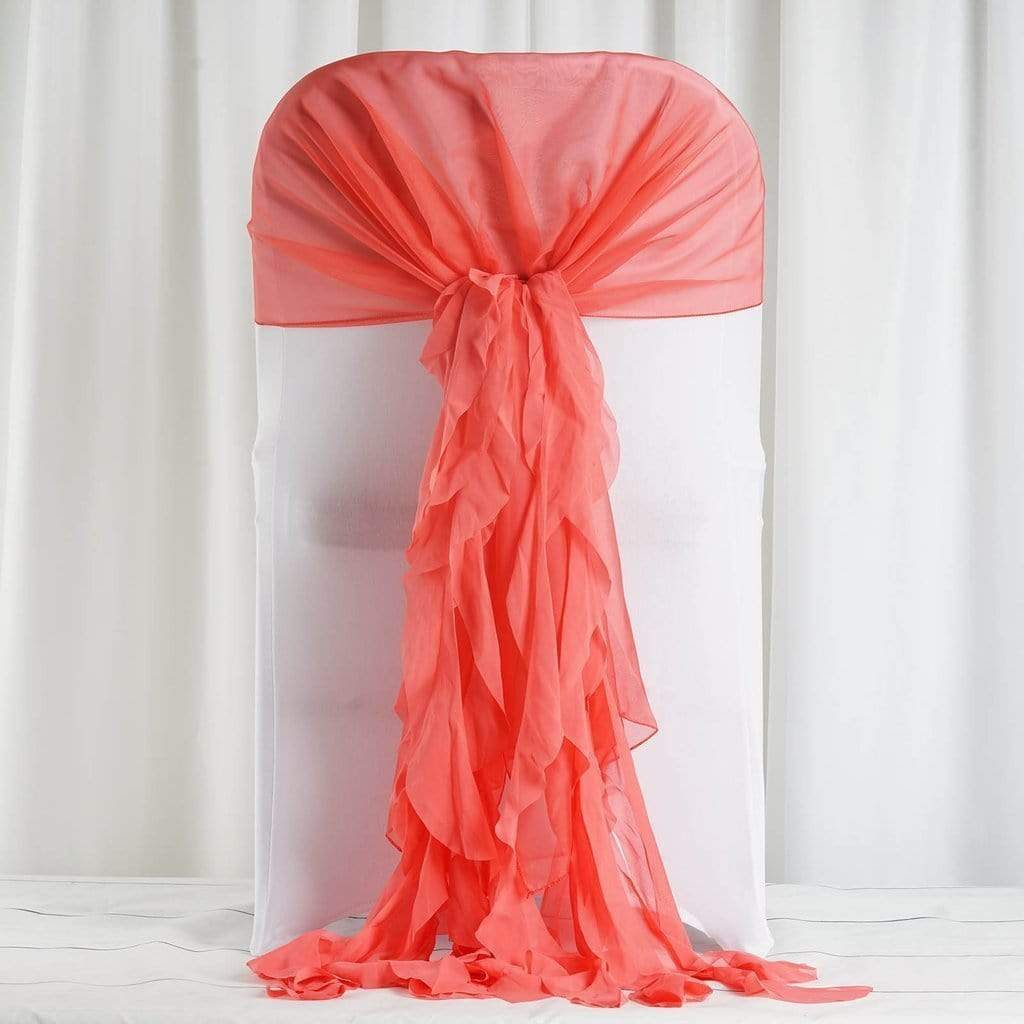 Coral Premium Curly Chiffon Chair Cover Cap with Sashes