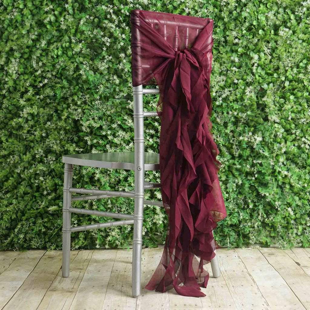 Burgundy Premium Curly Chiffon Chair Cover Cap with Sashes