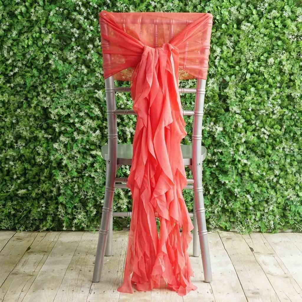 Coral Premium Curly Chiffon Chair Cover Cap with Sashes