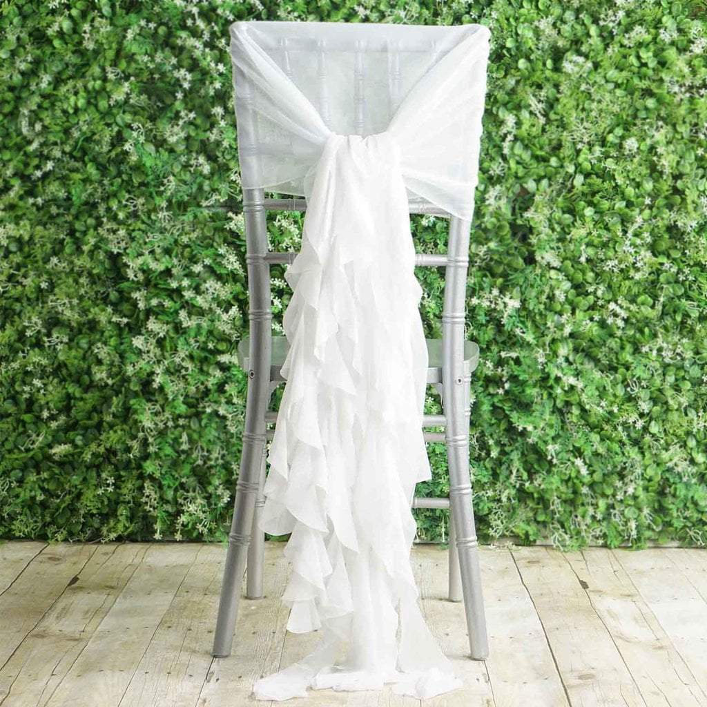 White Premium Curly Chiffon Chair Cover Cap with Sashes