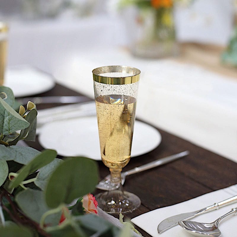 12 Clear 6 oz Disposable Flutes Glittered Plastic Champagne Glasses with Gold Trim