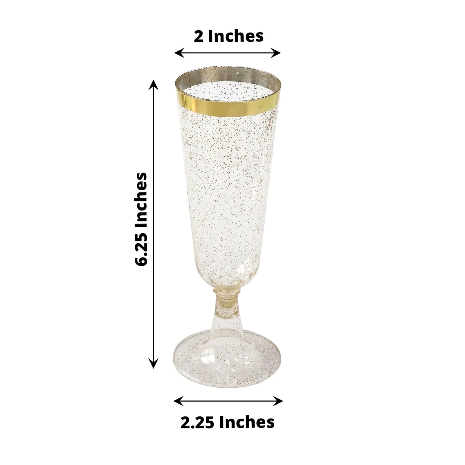12 Clear 6 oz Disposable Flutes Glittered Plastic Champagne Glasses with Gold Trim