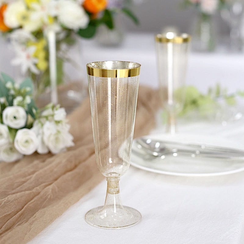 12 Clear 6 oz Disposable Flutes Glittered Plastic Champagne Glasses with Gold Trim