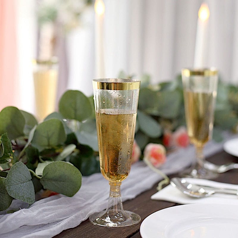 12 Clear 6 oz Disposable Flutes Glittered Plastic Champagne Glasses with Gold Trim