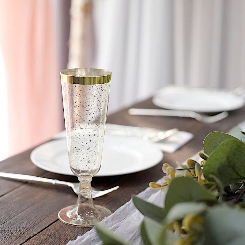 12 Clear 6 oz Disposable Flutes Glittered Plastic Champagne Glasses with Gold Trim
