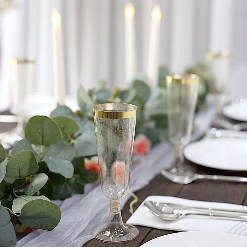 12 Clear 6 oz Disposable Flutes Glittered Plastic Champagne Glasses with Gold Trim