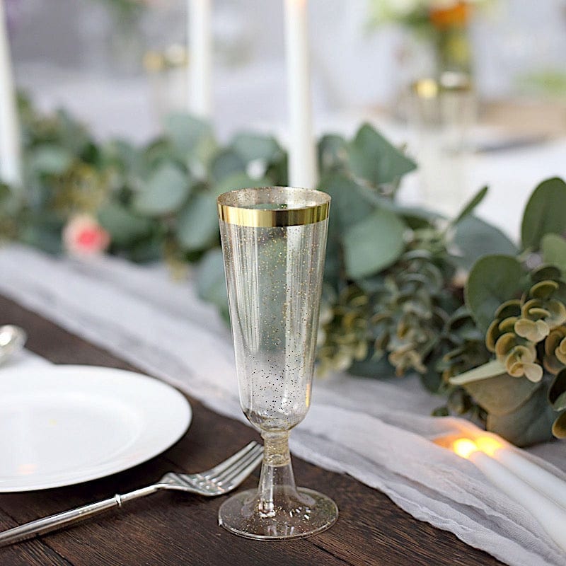 12 Clear 6 oz Disposable Flutes Glittered Plastic Champagne Glasses with Gold Trim