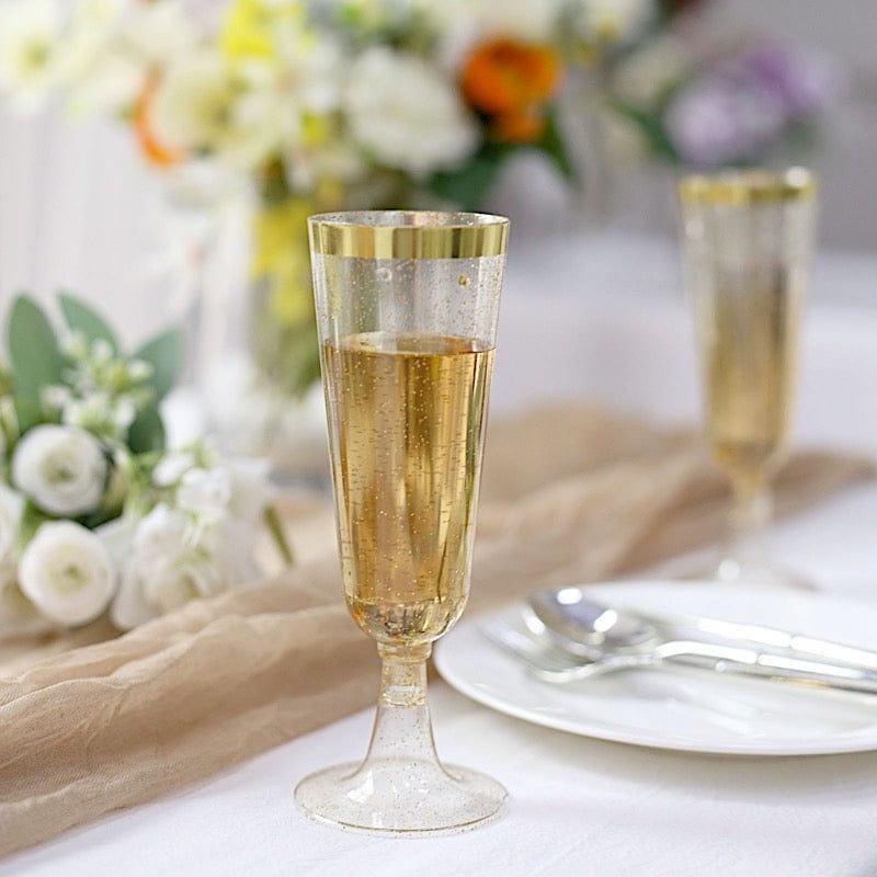 12 Clear 6 oz Disposable Flutes Glittered Plastic Champagne Glasses with Gold Trim