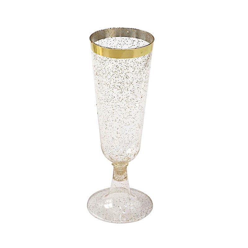 12 Clear 6 oz Disposable Flutes Glittered Plastic Champagne Glasses with Gold Trim