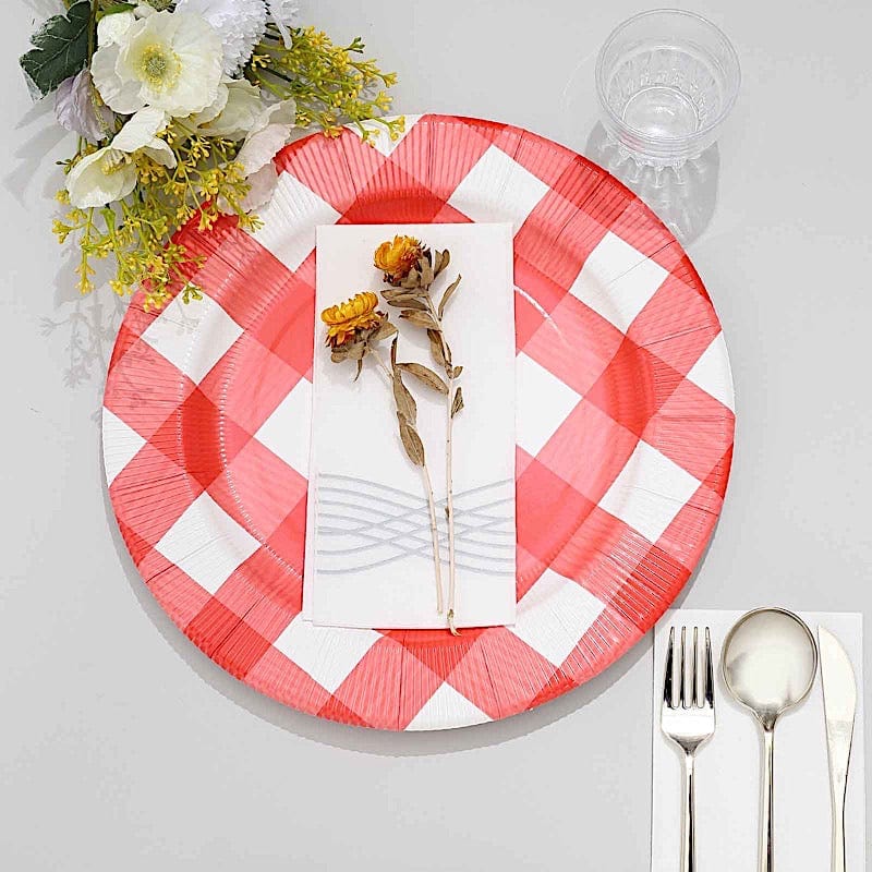 10 Round 13 in Buffalo Plaid Disposable Cardboard Paper Charger Plates with Textured Rim