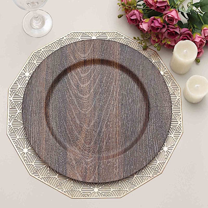 6 Rustic 13 in Round Faux Wood Plastic Charger Plates