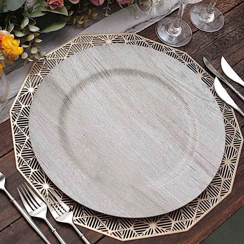 6 Rustic 13 in Round Faux Wood Plastic Charger Plates