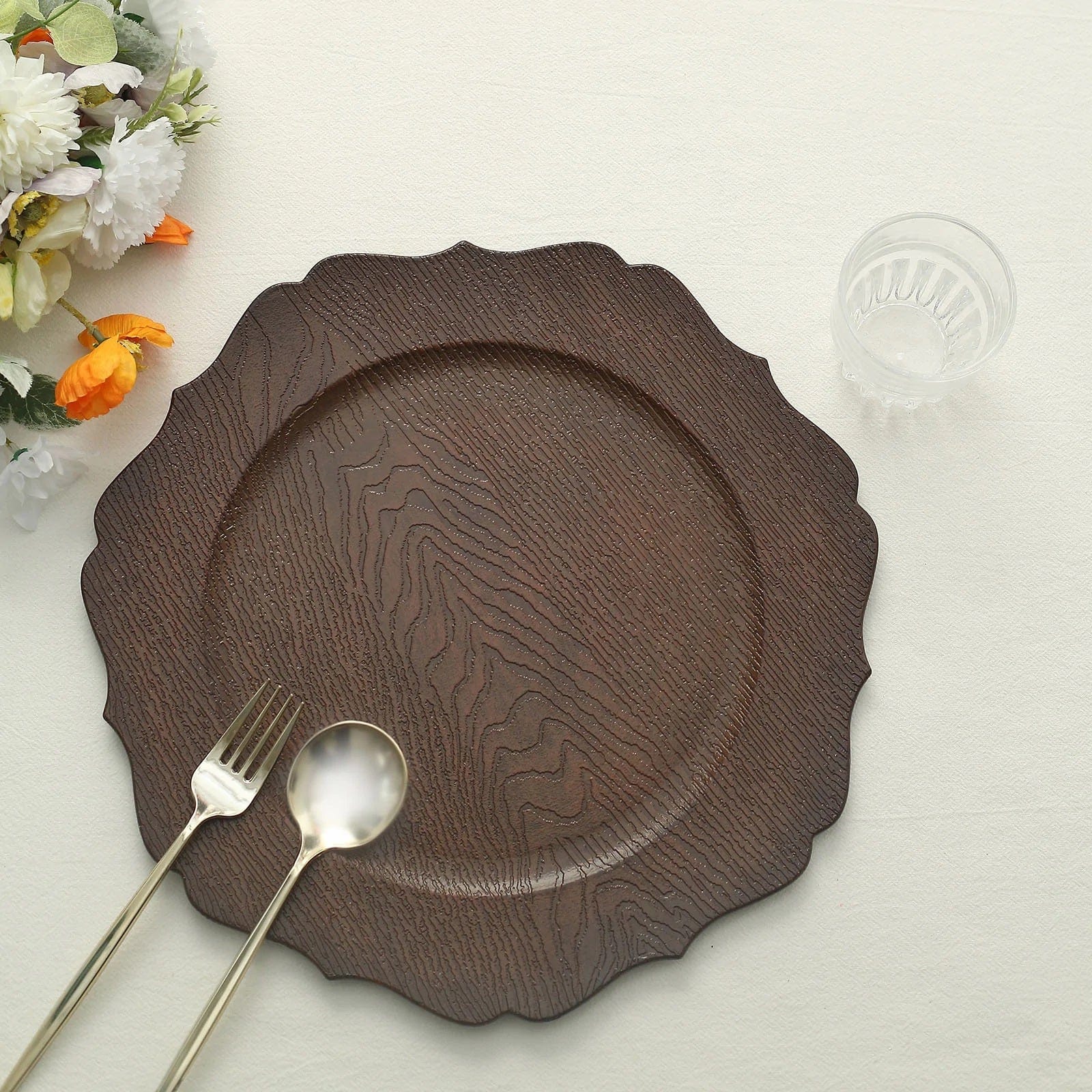 6 Rustic 13 in Wooden Round Acrylic Charger Plates with Scalloped Trim