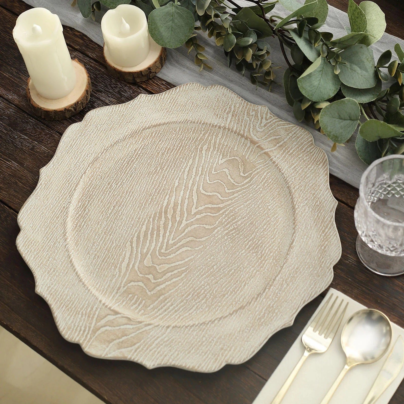6 Rustic 13 in Wooden Round Acrylic Charger Plates with Scalloped Trim