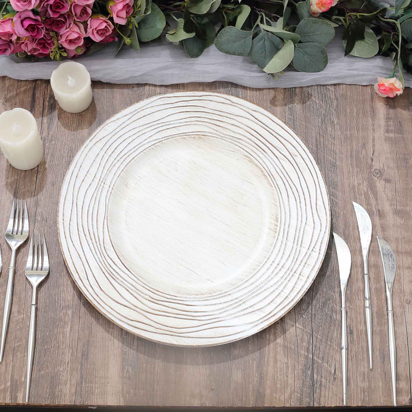 6 White Washed 13 in Rustic Wooden Round Plastic Charger Plates with Rose Embossed Trim