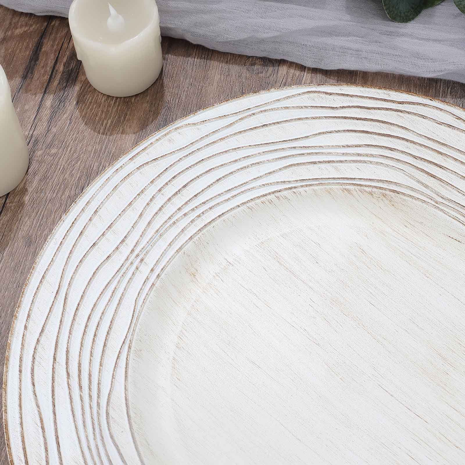 6 White Washed 13 in Rustic Wooden Round Plastic Charger Plates with Rose Embossed Trim