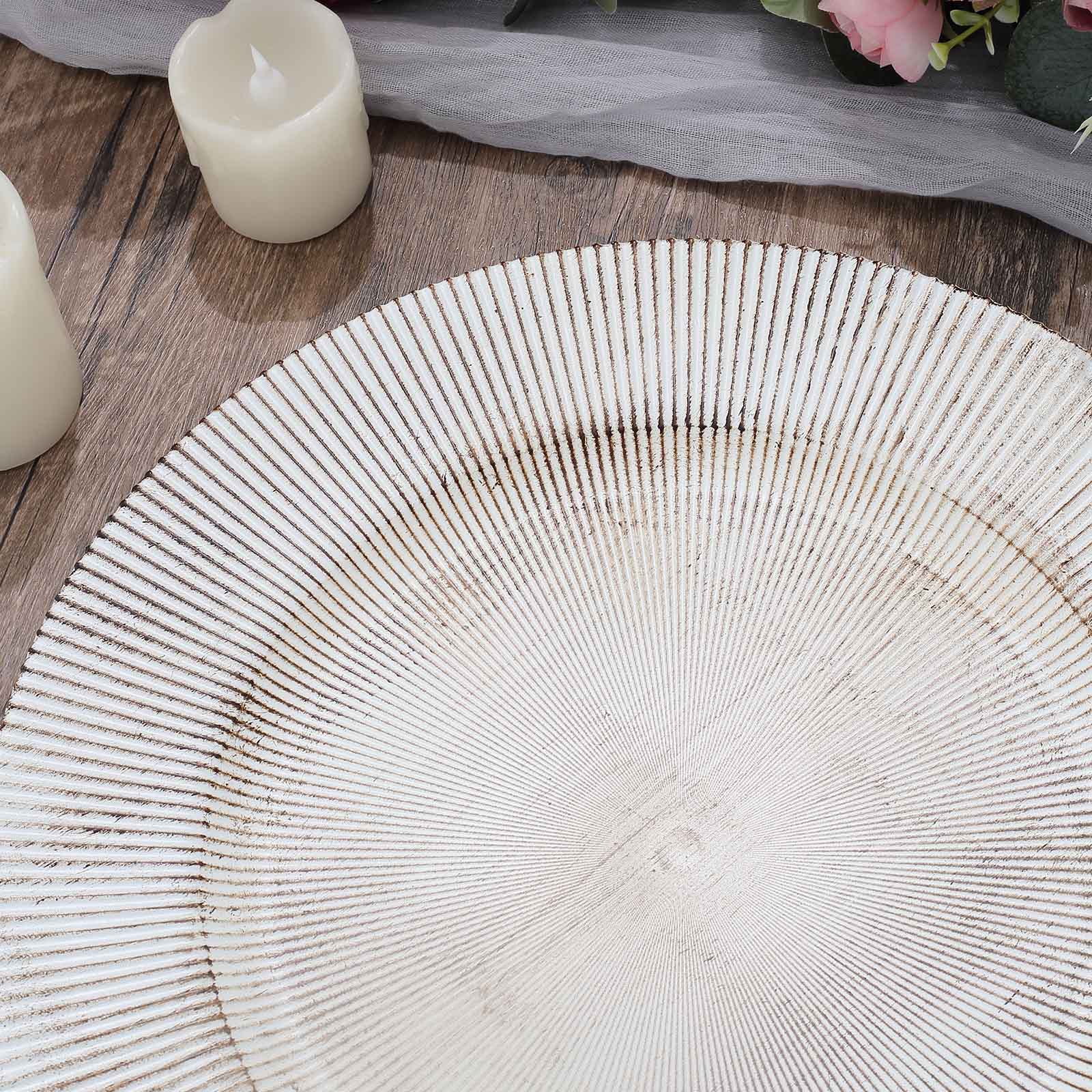 6 White Washed 13 in Rustic Wooden Round Plastic Charger Plates with Sunray Trim