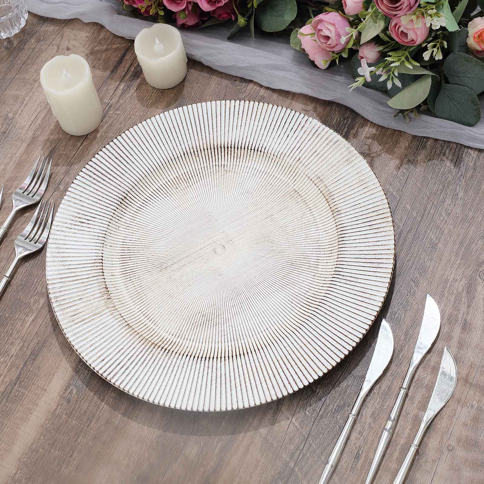 6 White Washed 13 in Rustic Wooden Round Plastic Charger Plates with Sunray Trim