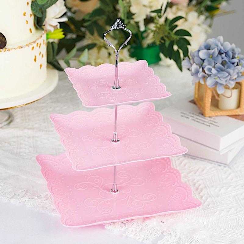 13 in tall 3 Tier Plastic Cupcake Holder Square Dessert Stand with Floral Print