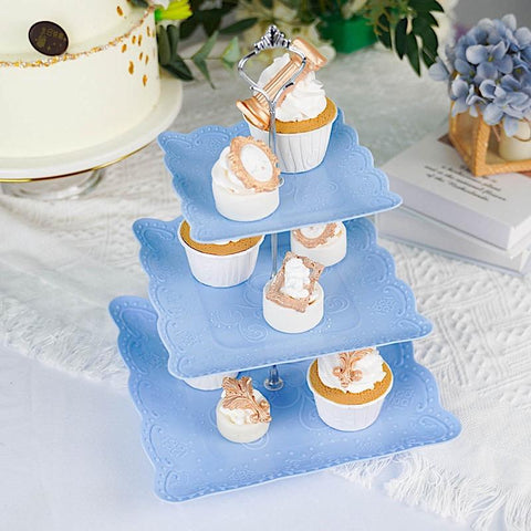 13" tall 3 Tier Plastic Dessert Stand Floral Print Square Cupcake Holder