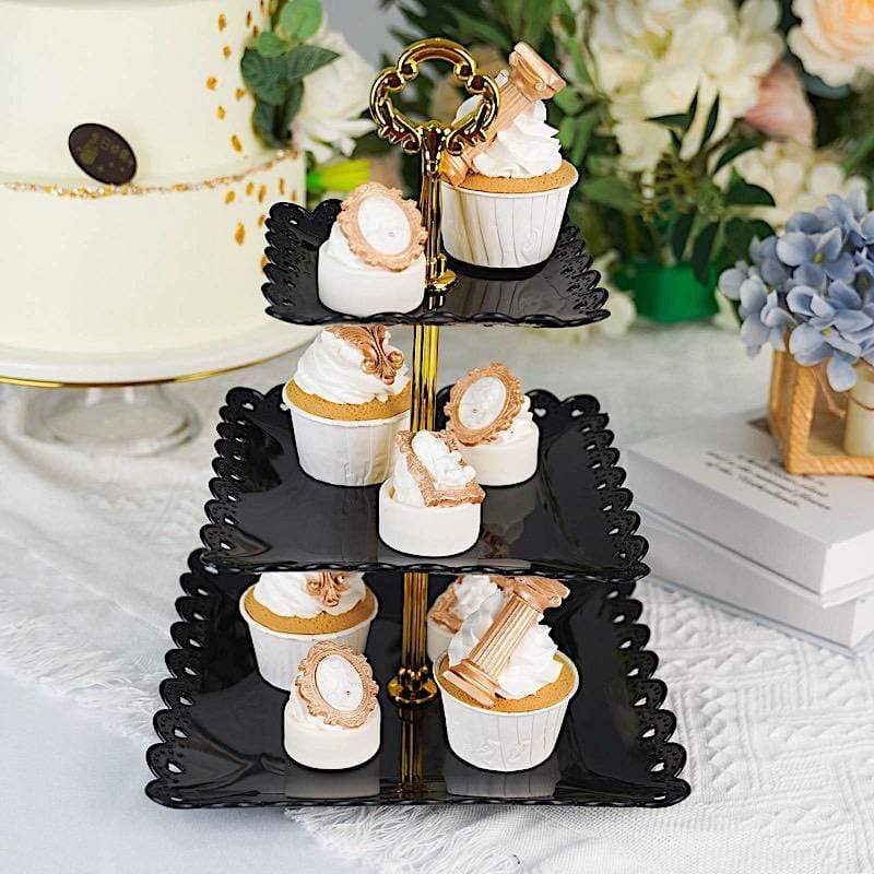 13 in tall 3 Tier Plastic Cupcake Holder Square Dessert Stand with Hearts Trim