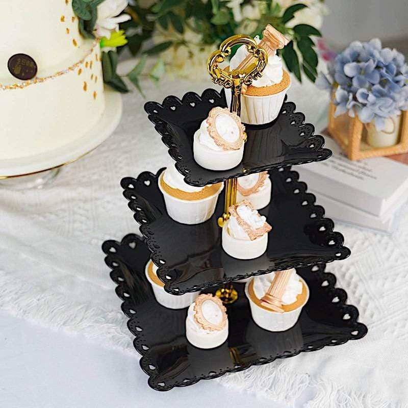 13 in tall 3 Tier Plastic Cupcake Holder Square Dessert Stand with Hearts Trim
