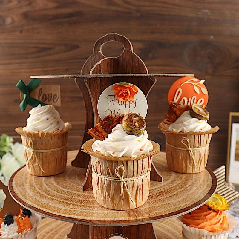 14 in Natural 3 Tier Cardboard Dessert Stand Wooden Print Cupcake Display Tower