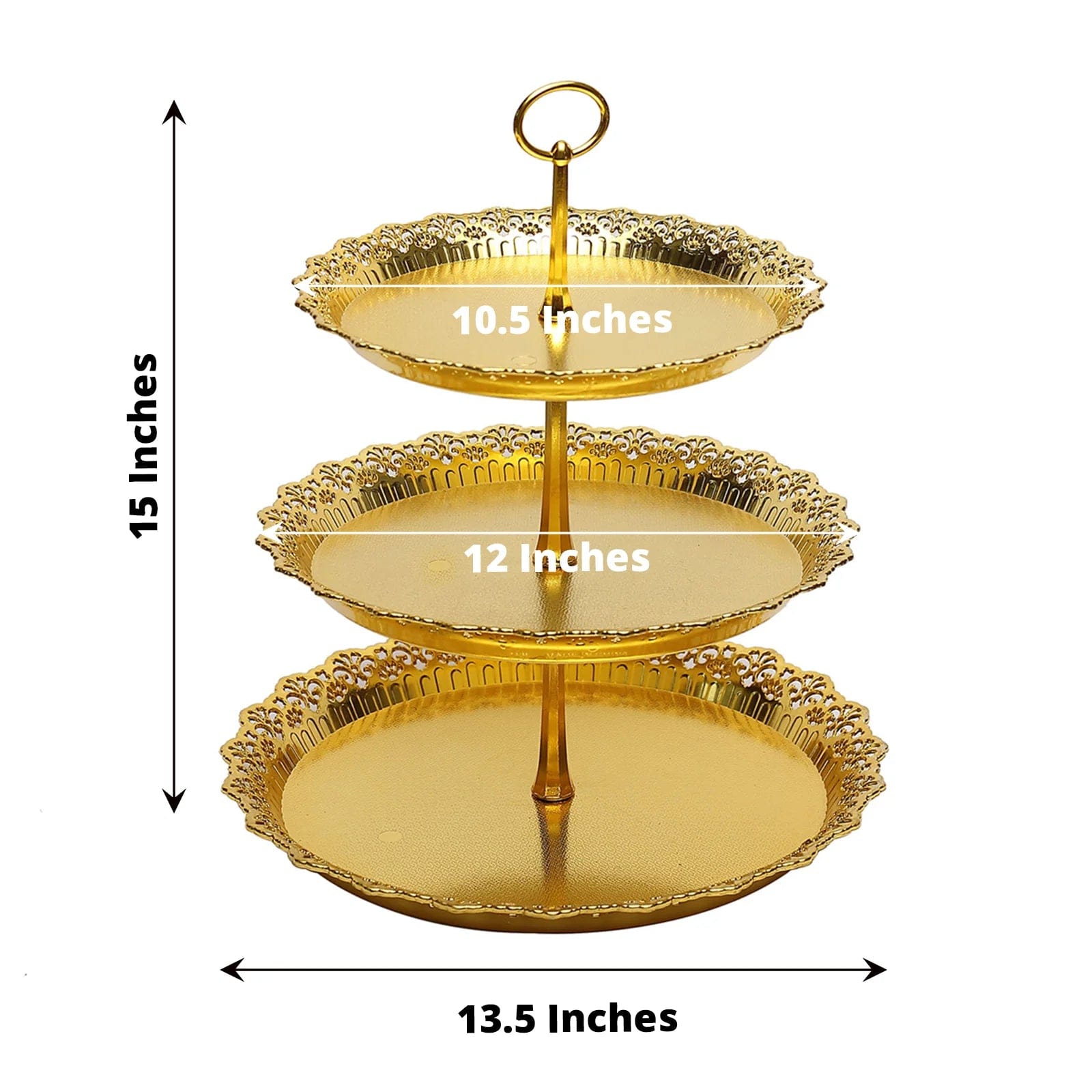 15 in Metallic Gold 3 Tier Plastic Cupcake Stand Round Dessert Display Tower with Lace Cut Trim