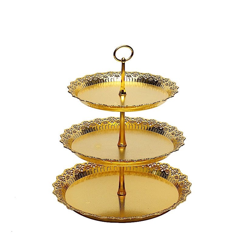15 in Metallic Gold 3 Tier Plastic Cupcake Stand Round Dessert Display Tower with Lace Cut Trim