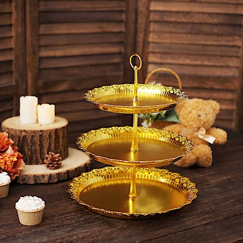 15 in Metallic Gold 3 Tier Plastic Cupcake Stand Round Dessert Display Tower with Lace Cut Trim