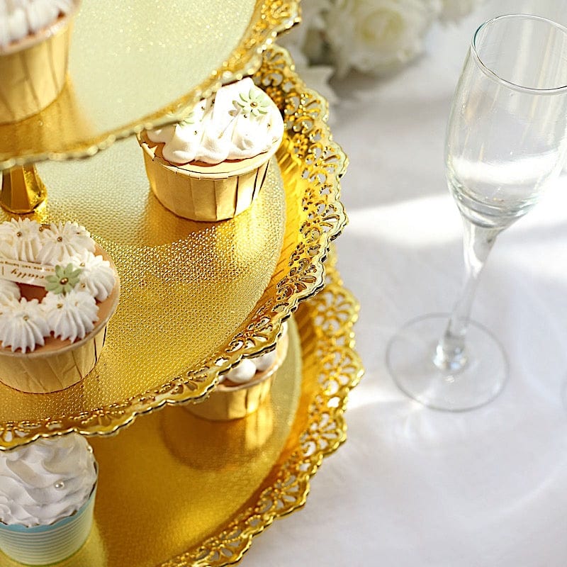 15 in Metallic Gold 3 Tier Plastic Cupcake Stand Round Dessert Display Tower with Lace Cut Trim