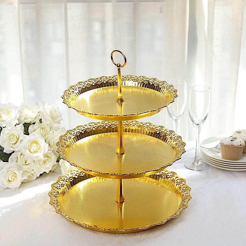 15 in Metallic Gold 3 Tier Plastic Cupcake Stand Round Dessert Display Tower with Lace Cut Trim