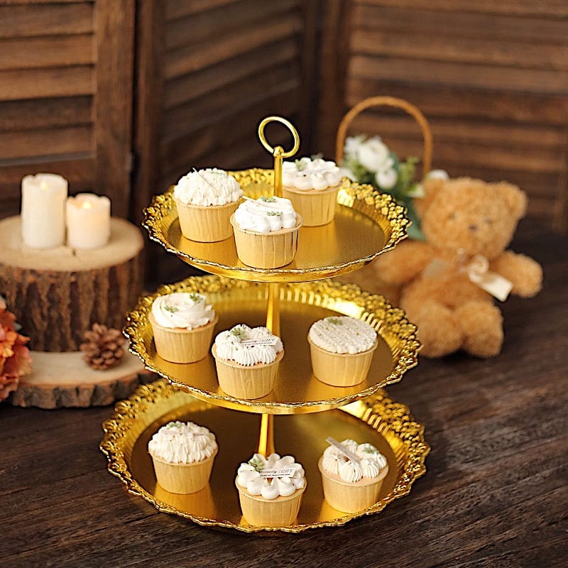 15 in Metallic Gold 3 Tier Plastic Cupcake Stand Round Dessert Display Tower with Lace Cut Trim