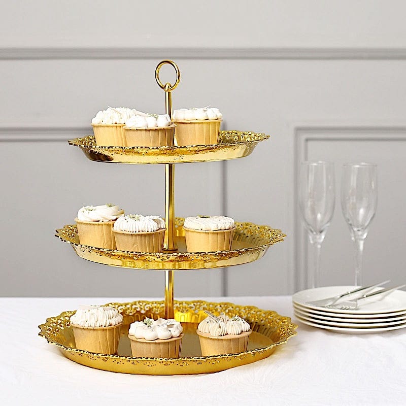15 in Metallic Gold 3 Tier Plastic Cupcake Stand Round Dessert Display Tower with Lace Cut Trim