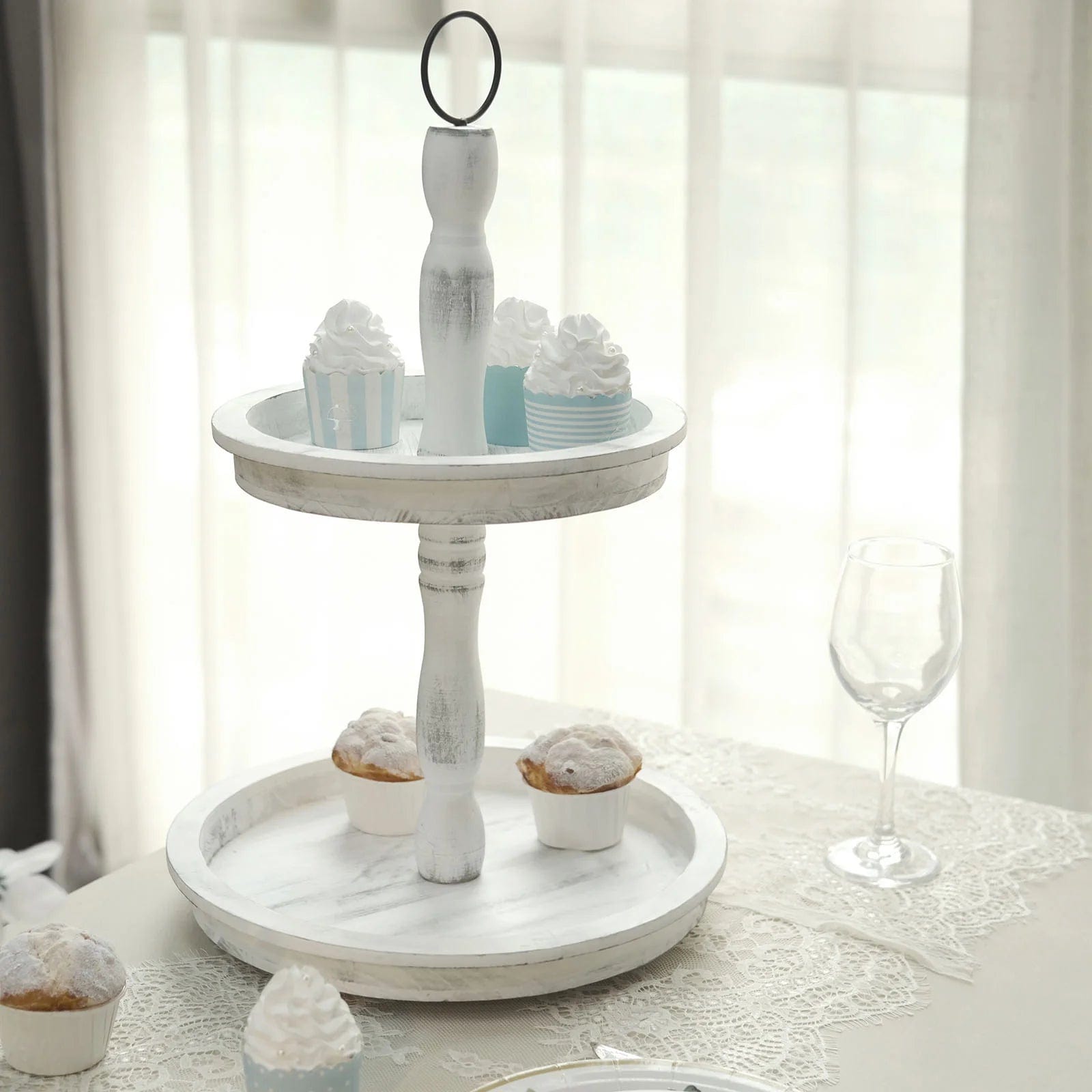 20 in 2 Tier Whitewashed Wooden Dessert Stand Cupcake Serving Tray