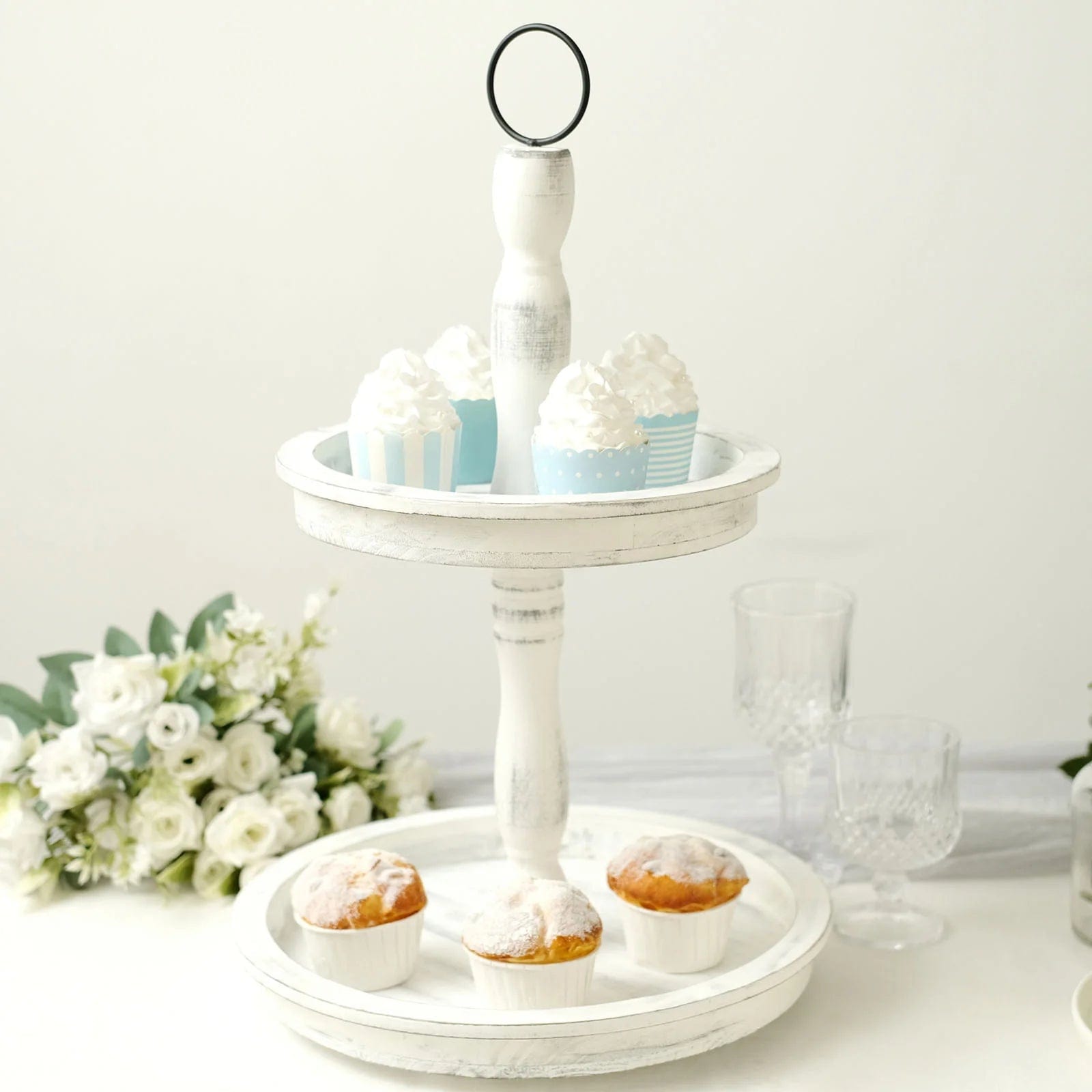 20 in 2 Tier Whitewashed Wooden Dessert Stand Cupcake Serving Tray