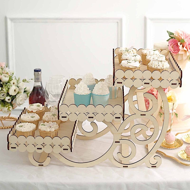 22 in Natural 3 Tier Laser Cut Rectangle Wooden Cupcake Dessert Stand