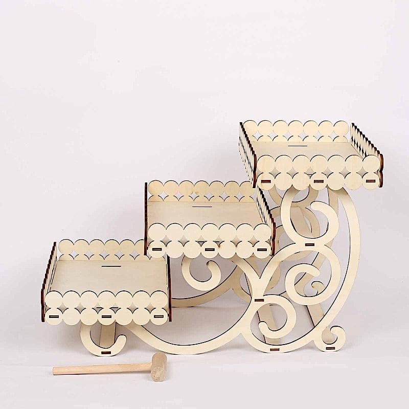 22 in Natural 3 Tier Laser Cut Rectangle Wooden Cupcake Dessert Stand