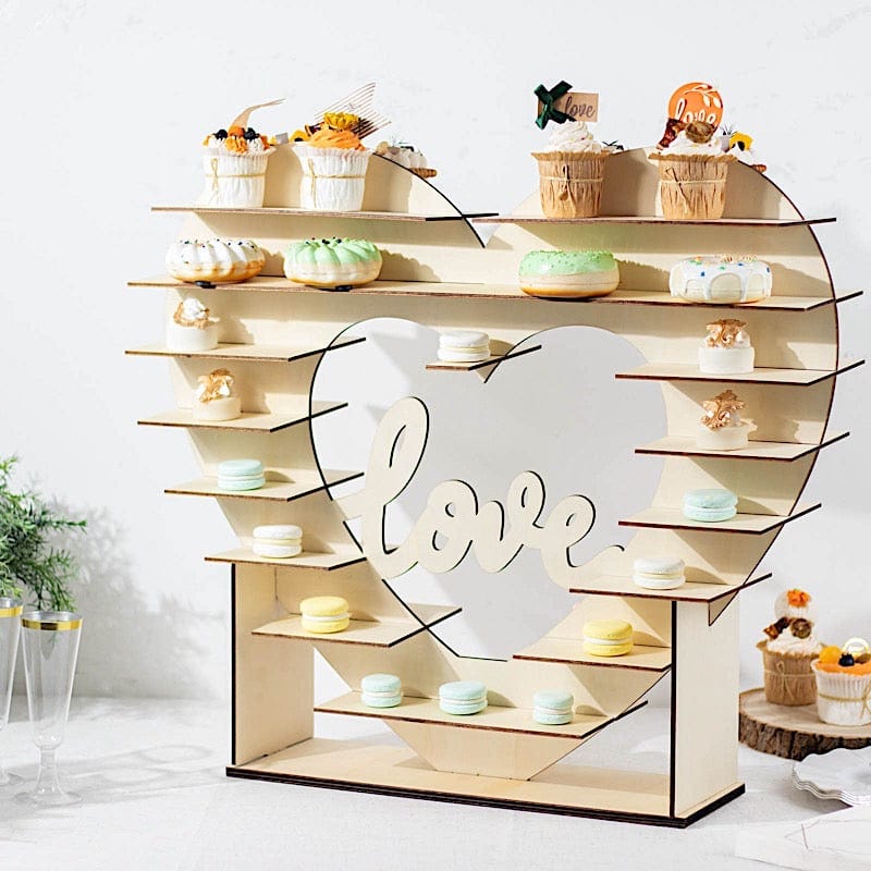 26 in Natural 8 Layer Double Sided Wooden Heart Cupcake Dessert Stand