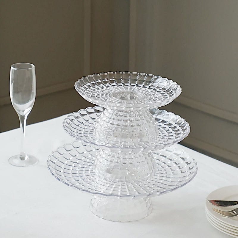 3 Clear Plastic Cupcake Display Stands Pressed Design Stackable Dessert Pedestals