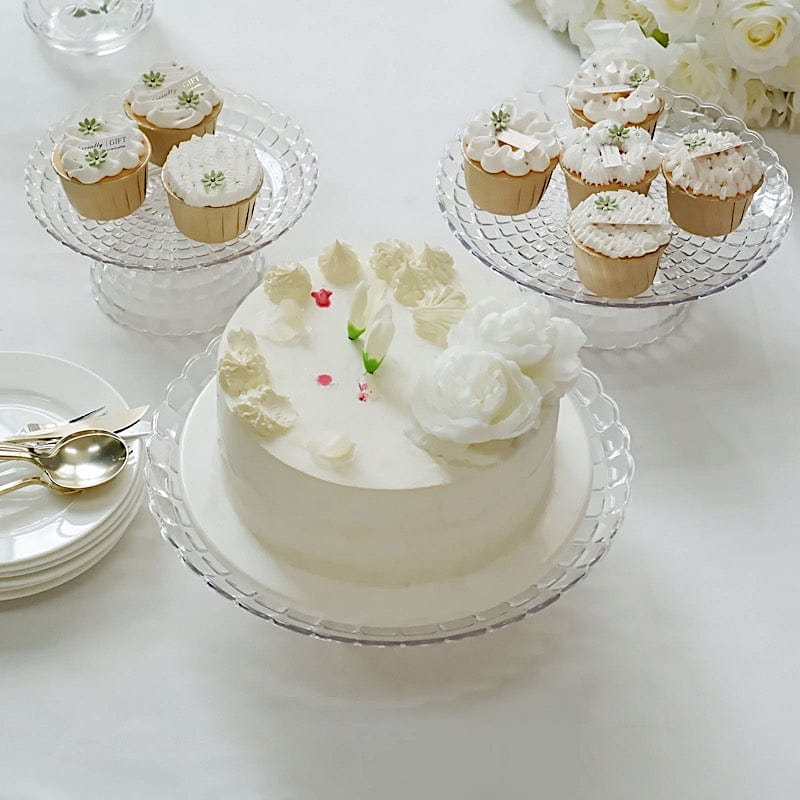3 Clear Plastic Cupcake Display Stands Pressed Design Stackable Dessert Pedestals