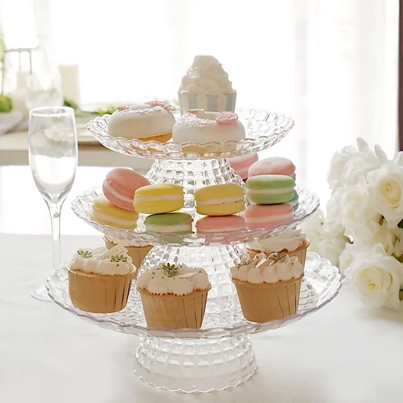 3 Clear Plastic Cupcake Display Stands Pressed Design Stackable Dessert Pedestals