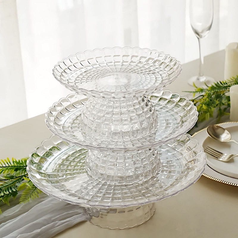 3 Clear Plastic Cupcake Display Stands Pressed Design Stackable Dessert Pedestals