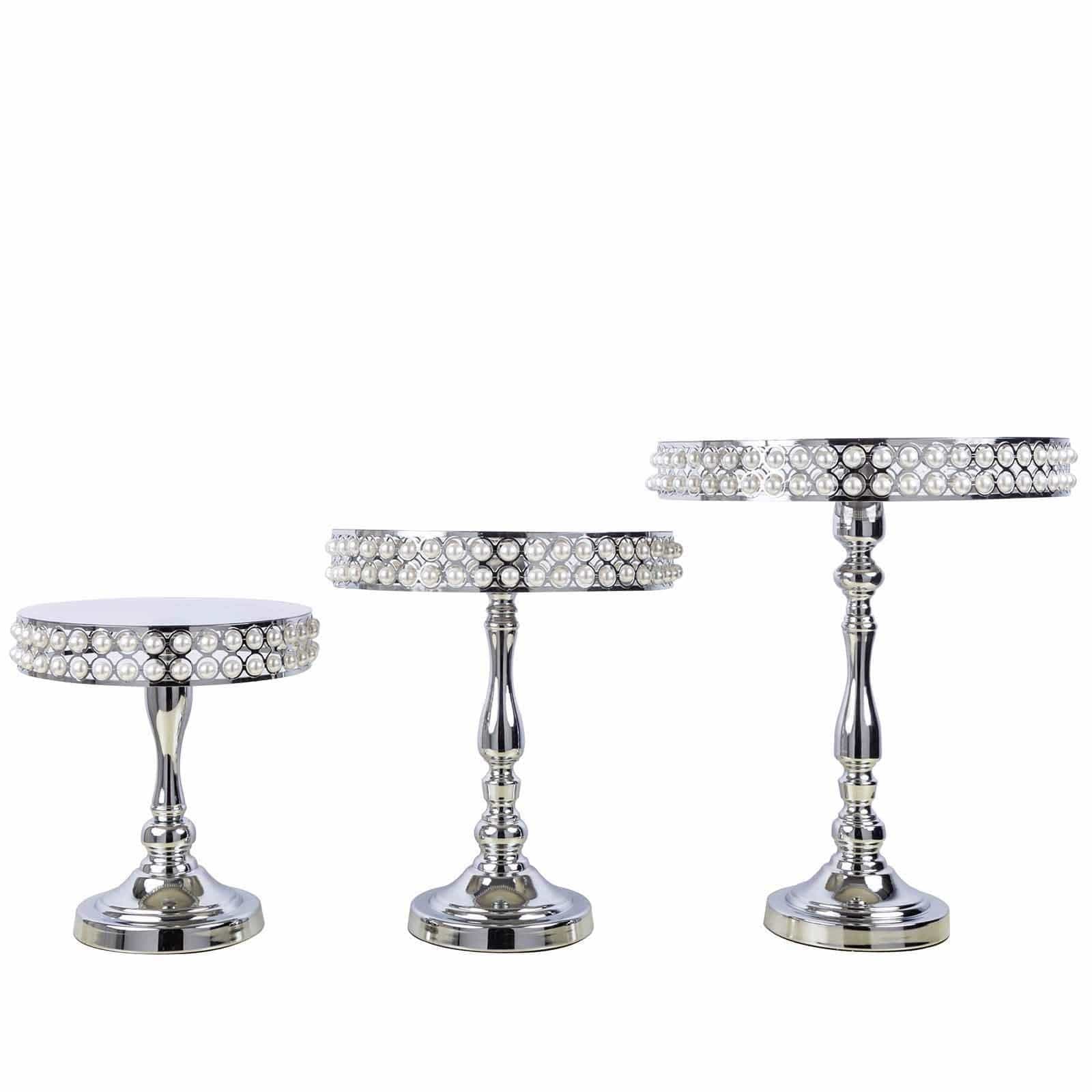 3 Pearl Beaded Round Metal Cake Stands Risers